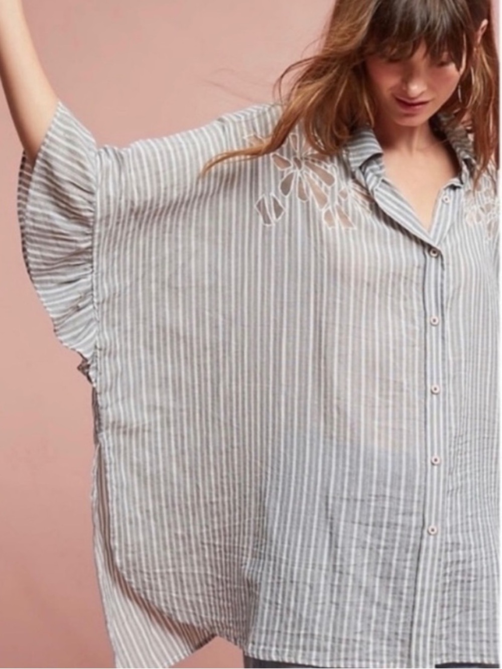 Anthropologie Maeve Weatetn Betty Striped Oversized Eyelet Tunic Top Grey White